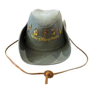 VTG Walt Disney World Safari Green Canvas Hat With 6 Pins & Leather Strap